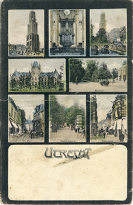 602753 Collage van gezichten te Utrecht:- Domtoren- Orgel van de Domkerk- Oudegracht bij de Gaardbrug- ...